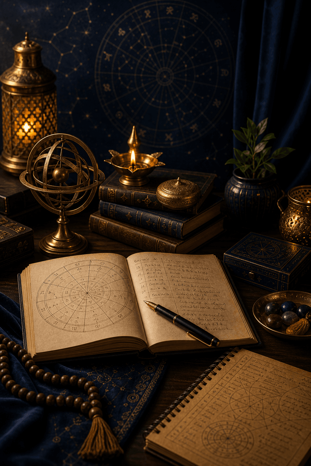 Luxury face-free astrology still life with kundli chart, brass lamp, and sacred consultation objects