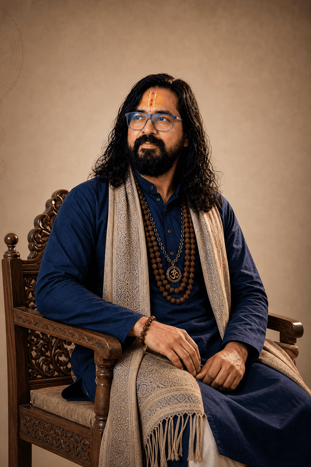 Raviraj Shastri seated in a navy kurta and shawl