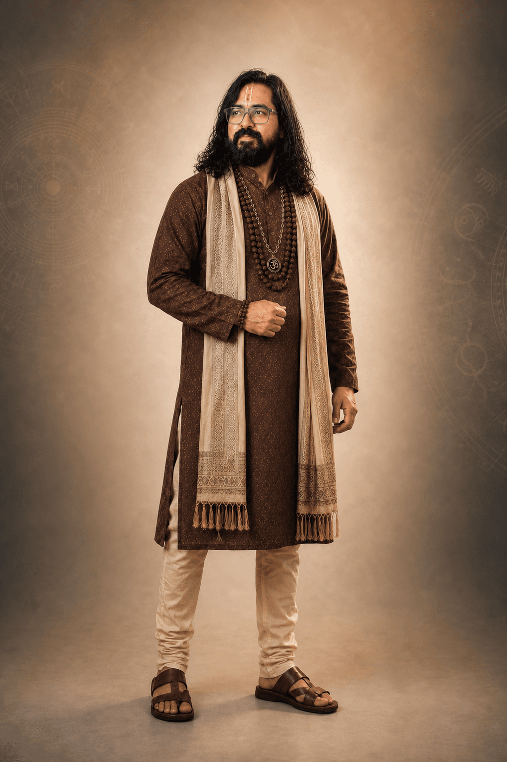Raviraj Shastri standing in a brown kurta with a light stole