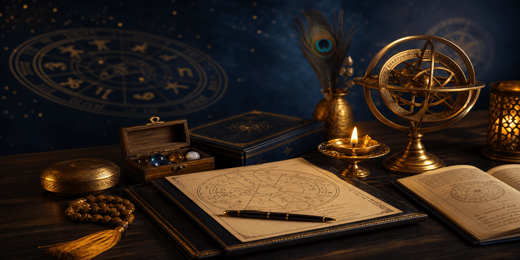 Premium astrology tools and consultation objects arranged in a luxury dark blue setting